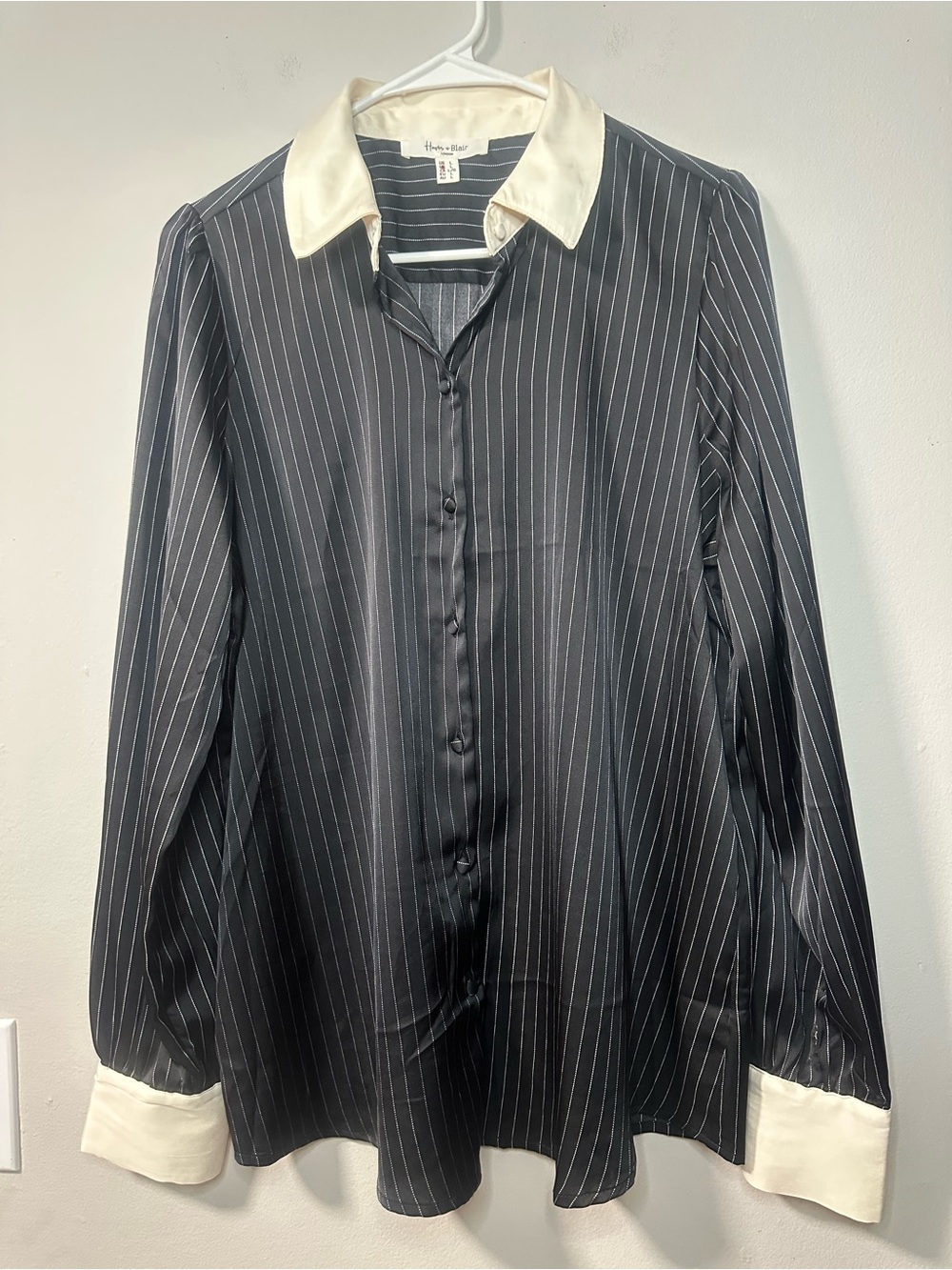 Black Pinstripe Button-Down Shirt with Cream Contrast Collar